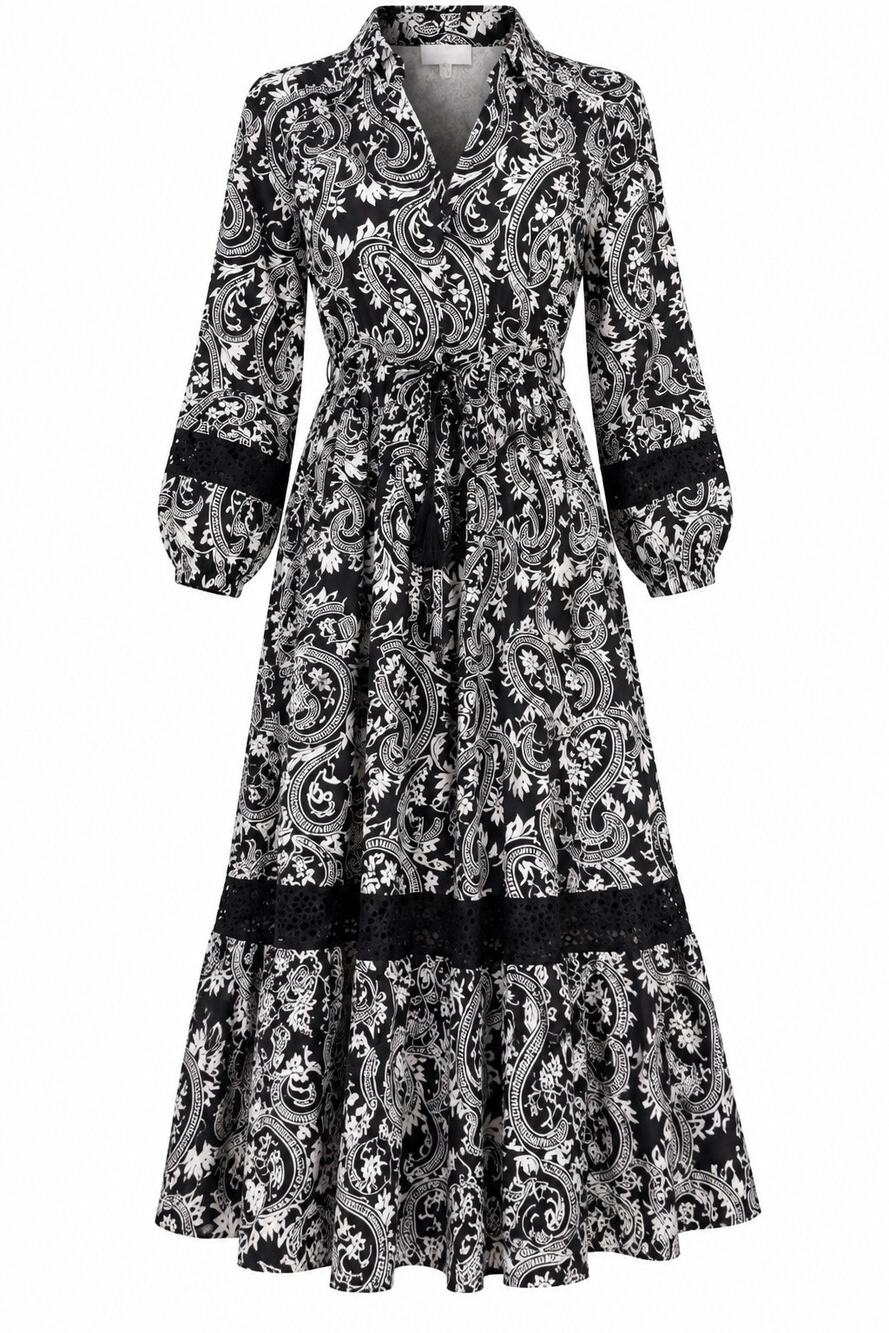 Chico’s Black & White Paisley Tiered Midi Dress Size 2 US 12 Lace Trim Long Slv